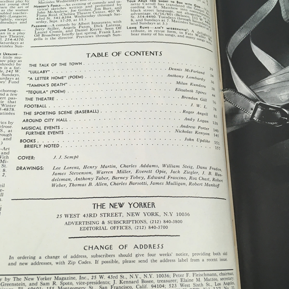 The New Yorker Magazine September 22 1980 table of contents page displaying features and artwork by various contributors, highlighting the literary and artistic landscape of the magazine during the early 1980s.