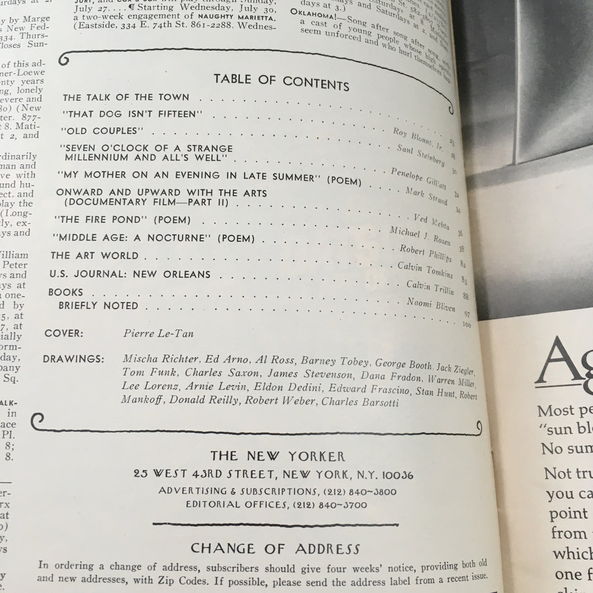 Table of Contents from The New Yorker Magazine July 28 1980, showcasing articles and the cover by Pierre Le-Tan.