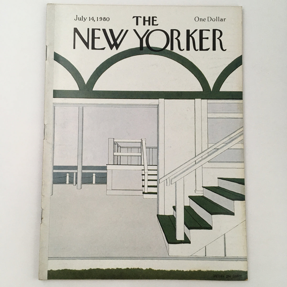 The New Yorker Magazine July 14 1980 cover featuring theme art by Gretchen Dow Simpson, showcasing a minimalist interior with stairs and a serene color palette.