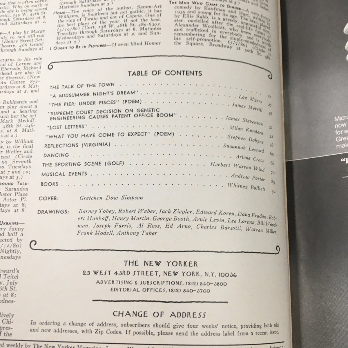 Table of contents from The New Yorker Magazine July 14 1980, listing articles and contributors including cover art by Gretchen Dow Simpson.