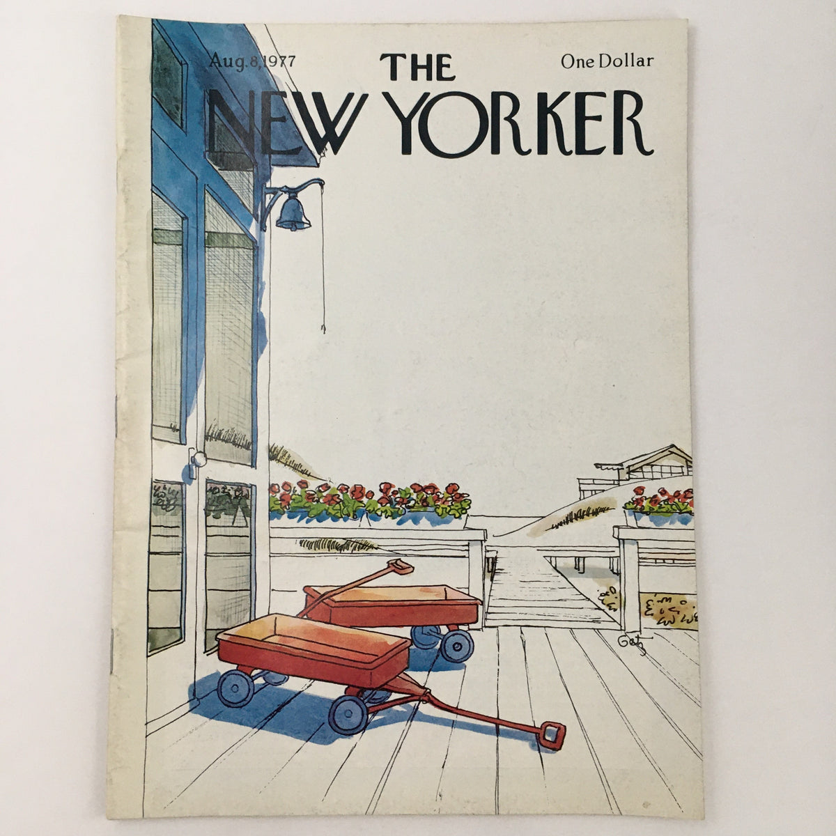 Cover of The New Yorker Magazine August 8 1977, featuring theme art by Arthur Getz. The illustration shows red wagons outside a beach house, capturing the essence of summer.