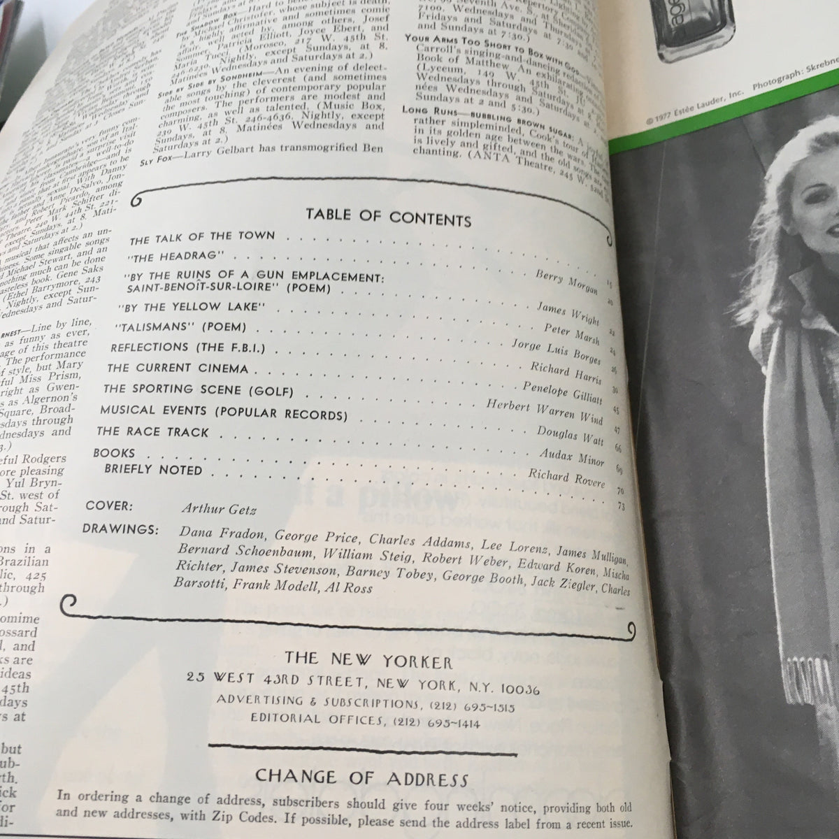 Table of contents page from The New Yorker Magazine August 8 1977, highlighting various articles and illustrations, with cover art by Arthur Getz noted at the top.