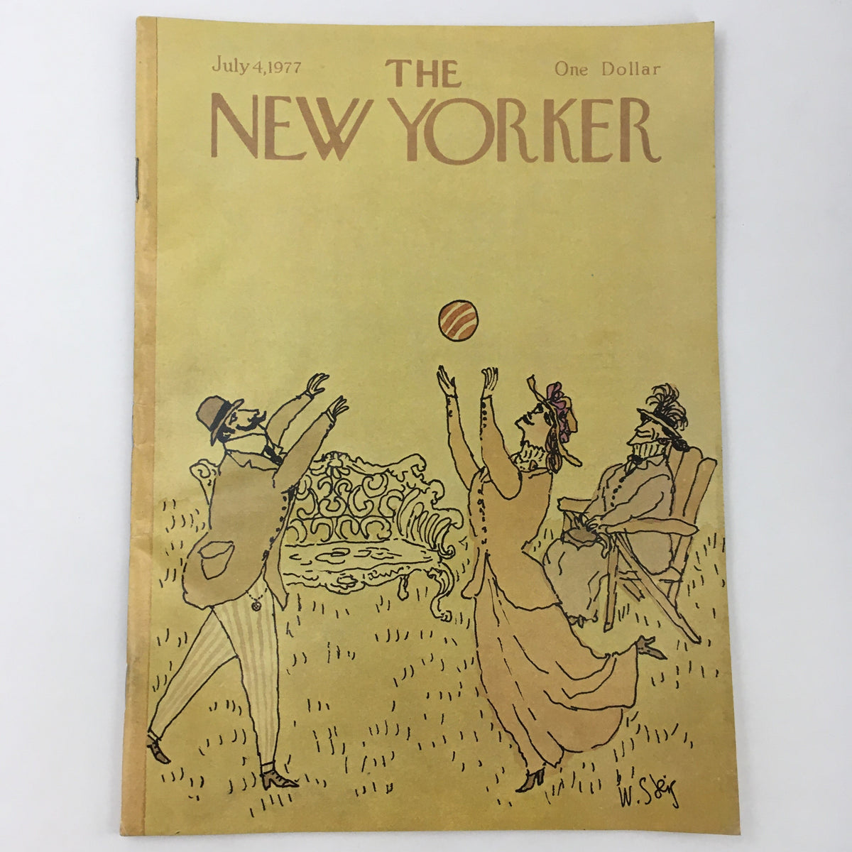 The New Yorker Magazine July 4 1977 cover art featuring a whimsical illustration by William Steig, showcasing a lively scene with people in period attire playing with a ball in a park.