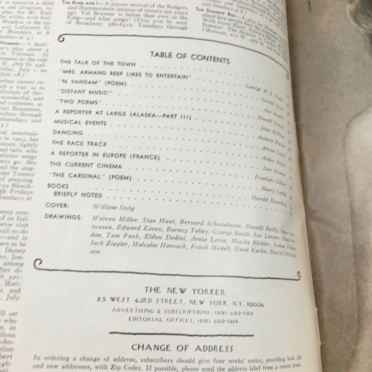 Table of contents from The New Yorker Magazine July 4 1977, featuring artwork by William Steig