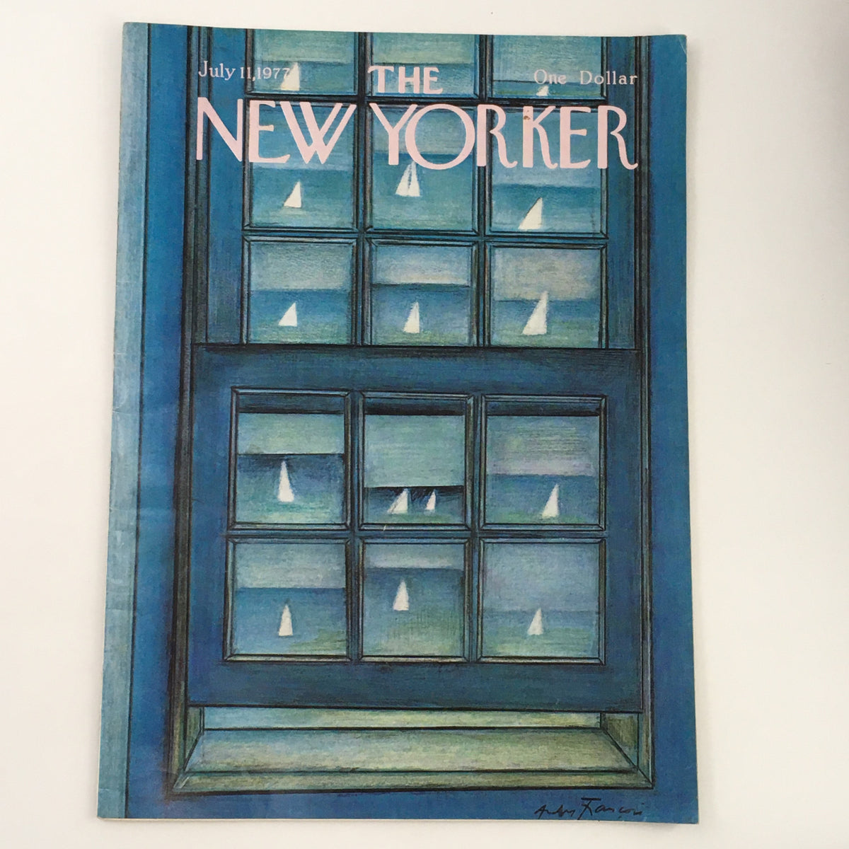 Cover of The New Yorker Magazine July 11 1977 featuring theme art by André François, showcasing a blue window with sailboats in the background.