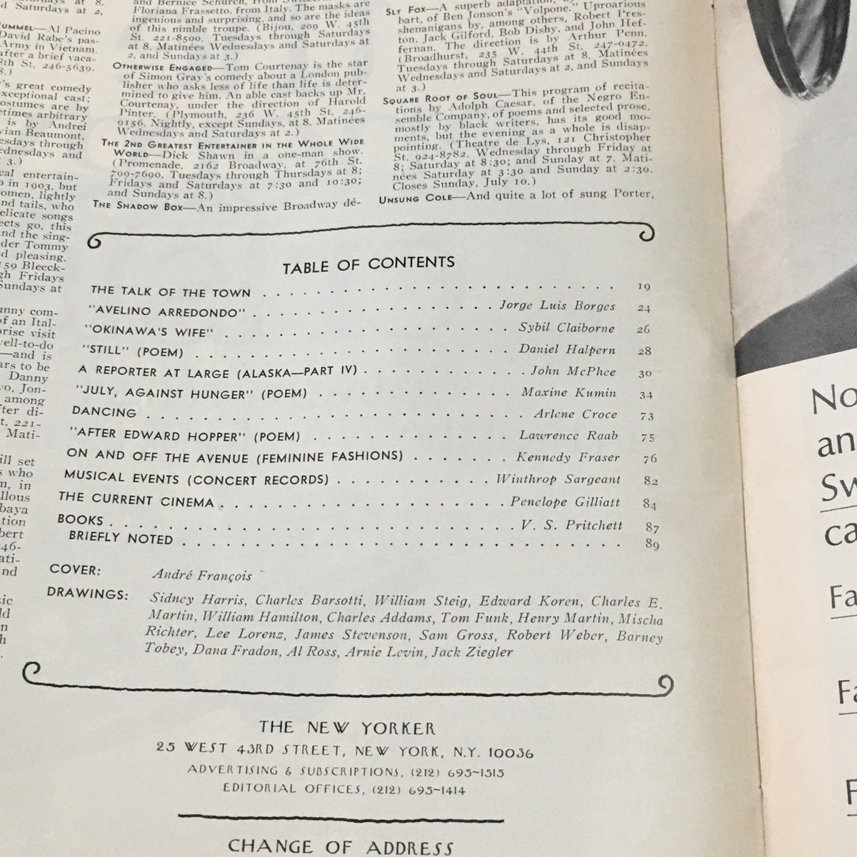 Table of contents from The New Yorker Magazine July 11 1977, listing articles and features, highlighting André François as the cover artist.