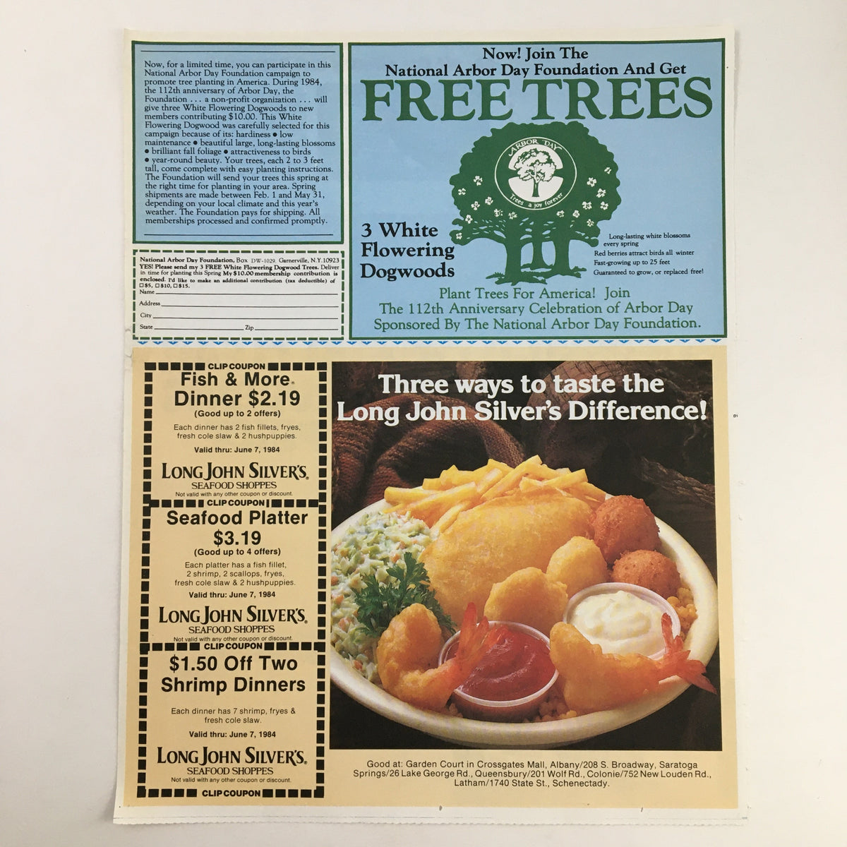 1984 Depend-O Crystal Clear Routine Scrubbing Circular Coupon Advertisement featuring promotion for Arbor Day Foundation with tree planting options and seafood dinner offerings from Long John Silver's.
