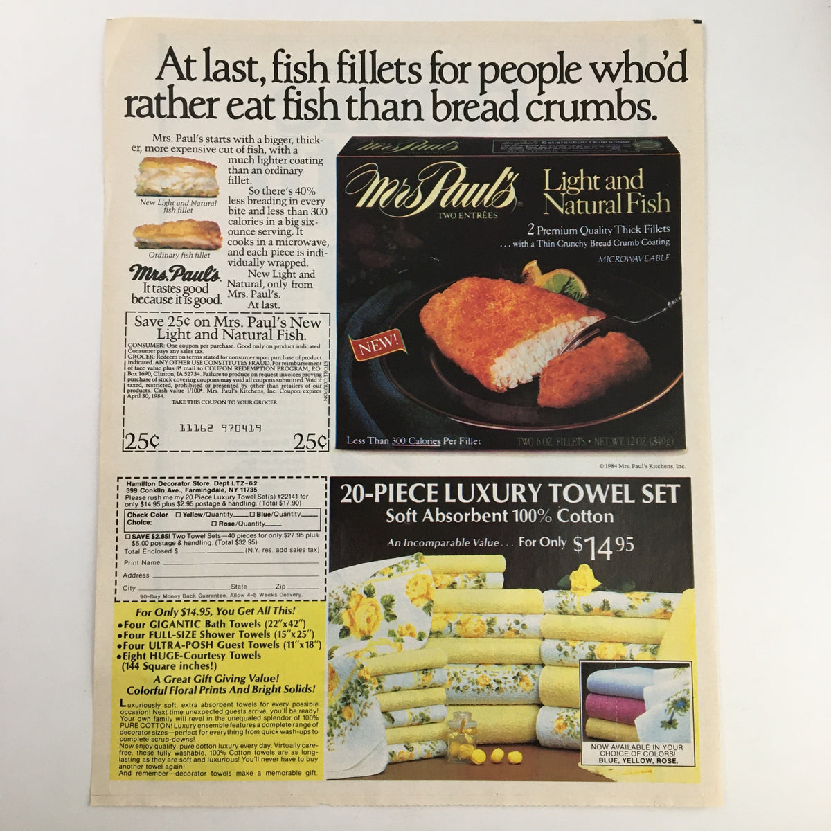 1984 Nabisco Home Hearth Yeast Bread Mix Circular Coupon Advertisement showcasing Mrs. Paul's Light and Natural Fish products and a luxury towel set, featuring promotional details and pricing.