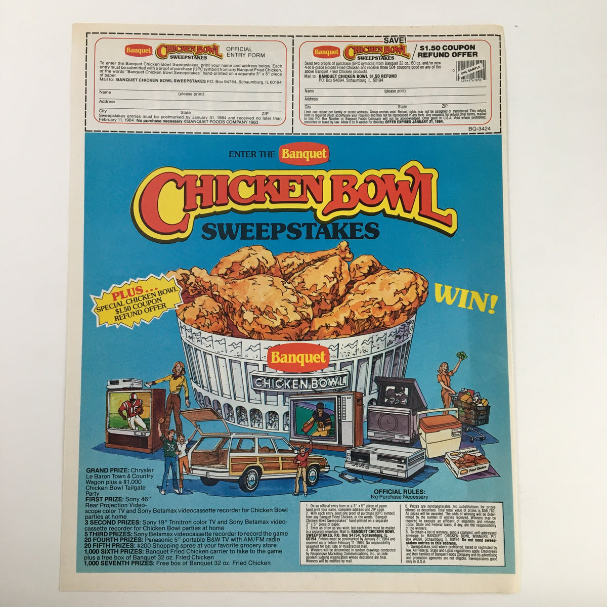 1983 Banquet Chicken Bowl Sweepstakes Advertisement showcasing a colorful illustration with various prizes, promoting a chance to win by entering the Chicken Bowl sweepstakes.