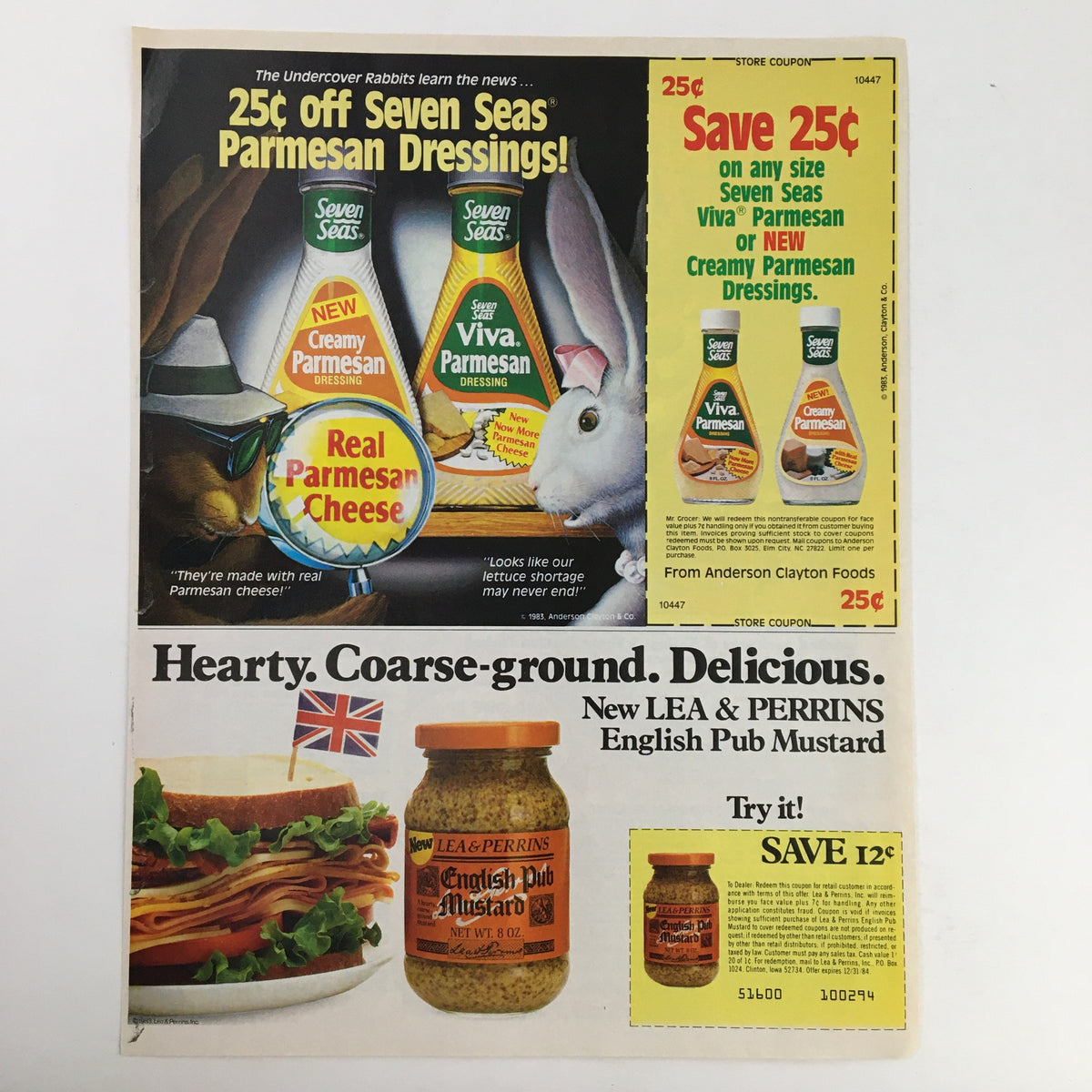 1984 advertisement for savings on 25¢ off Seven Seas Dressings and Lea & Perrins English Pub Mustard, showcasing rich visuals of food products and promotional coupons. Includes a section highlighting the quality ingredients used in the dressings.