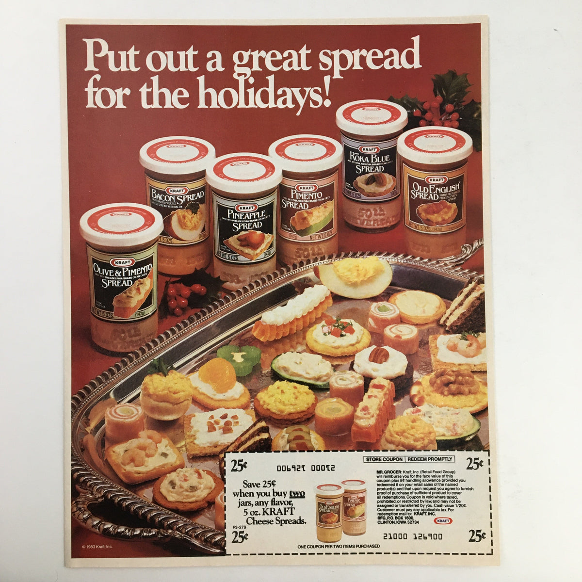 Kraft Cheese Spreads advertisement from 1983, featuring various flavors and a coupon offer, highlighting holiday food spread ideas.