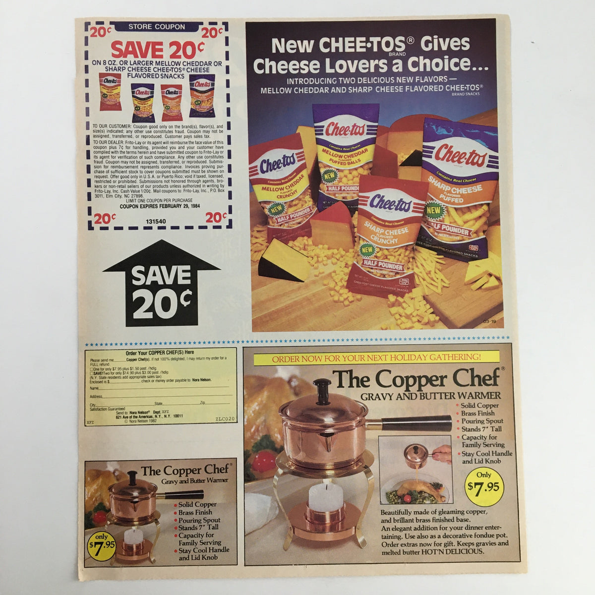Store coupon advertisement featuring Cheez-Tos and a Copper Chef product with a headline 'SAVE 20¢'. Highlights new cheese snack flavors and kitchenware, dated for 1984.