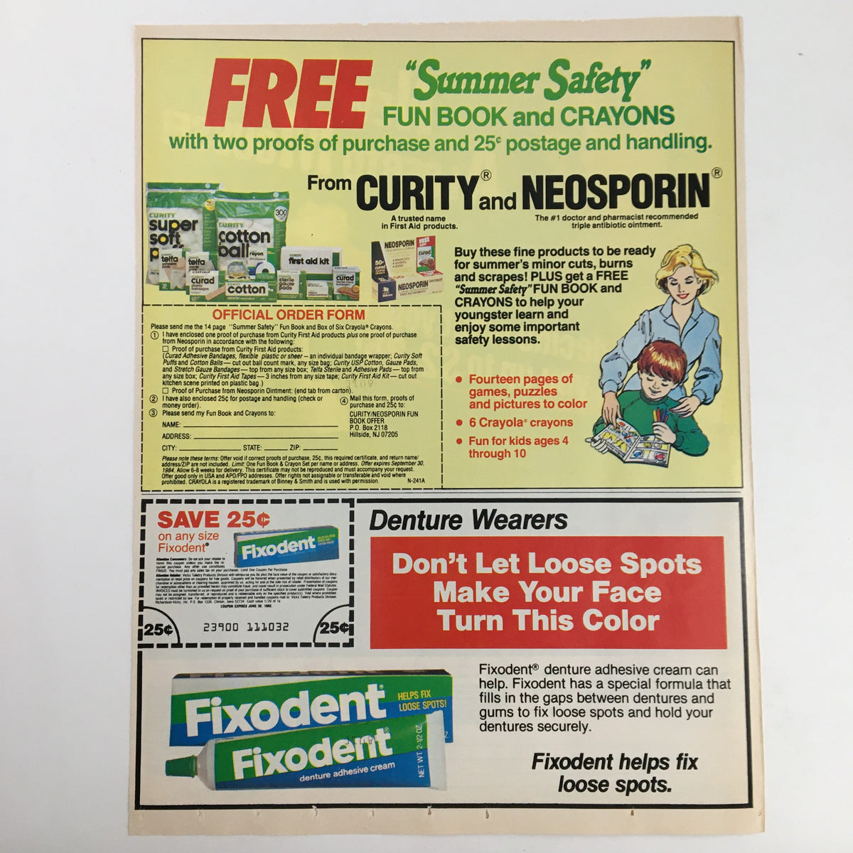 1984 Alberto Mousse European Styling Foam Circular Coupon Advertisement back view, displaying additional offers and coupons related to summer safety products from Curity and Neosporin.