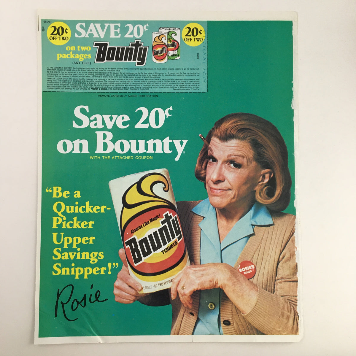 1983 Bounty Coupon Advertisement showcasing a woman holding a Bounty paper towel roll, promoting a 20 cent savings on two packages.