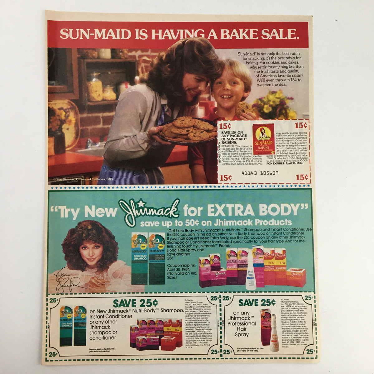 1983 Tony's Italian Pastry Pizza Circular Coupon Advertisement featuring a vintage bake sale promotion by Sun-Maid and Jhirmack products with pricing details. This image showcases a classic 1980s advertisement aesthetic.