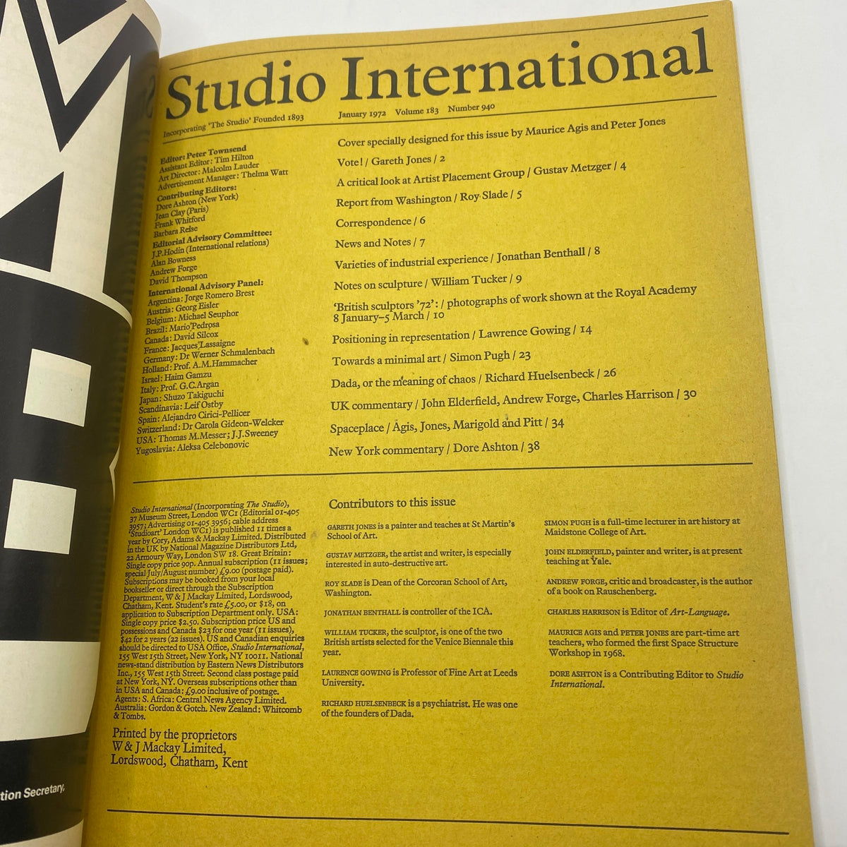 Inside page of VTG Studio International Magazine January 1972, featuring the editorial content and contributors of the issue, highlighting discussions on minimal art and art commentary.