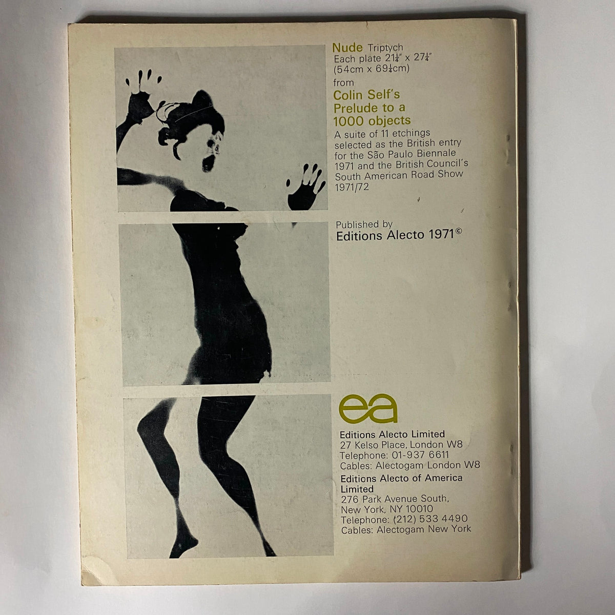 Back cover of VTG Studio International Magazine June 1971, featuring information about Colin Self's artwork 'Prelude to a 1000 objects' and publisher details.