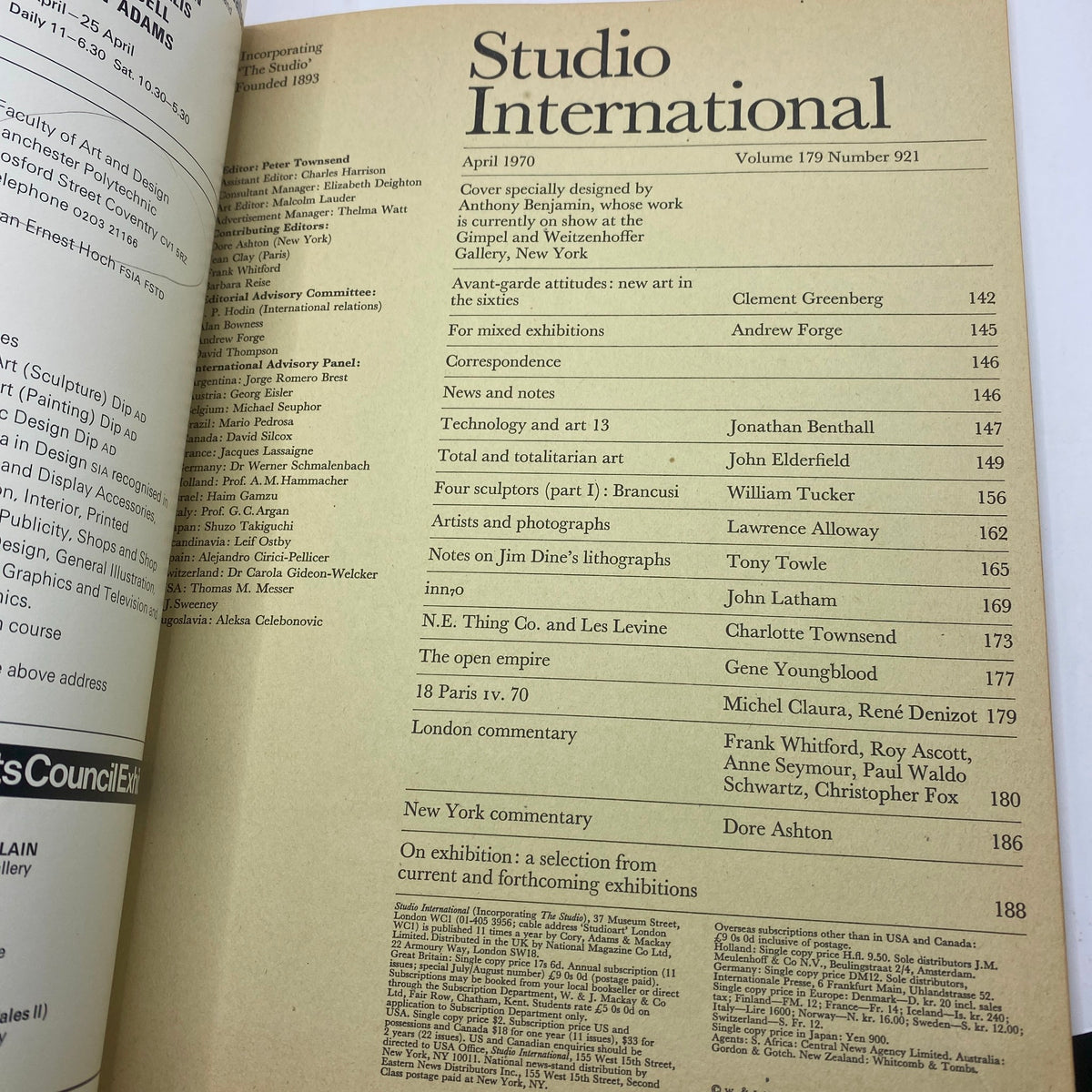 Table of contents page from VTG Studio International Magazine April 1970, showcasing various articles and contributors.