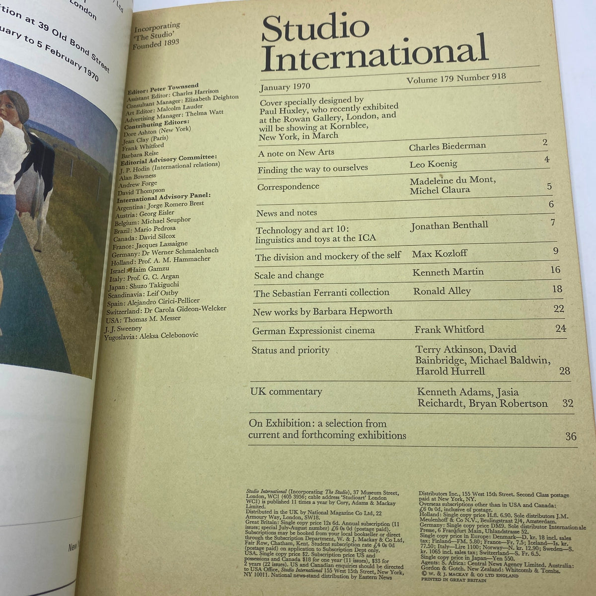 Table of contents page from VTG Studio International Magazine January 1970, detailing articles and contributions related to modern art.