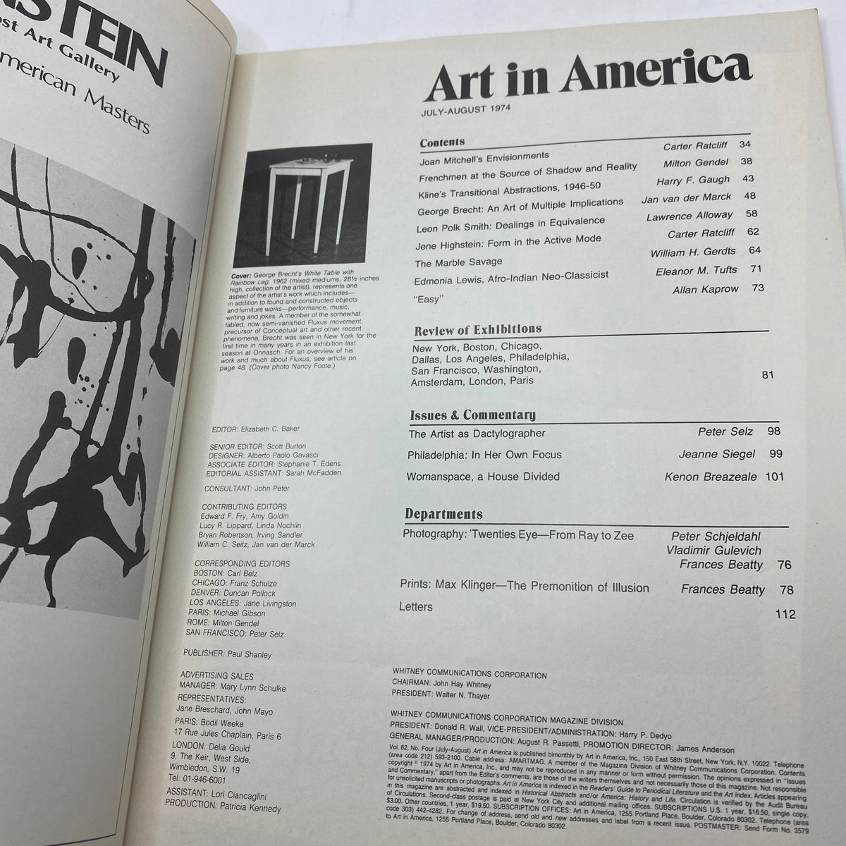 Interior page of Art in America Magazine July 1974, displaying contents and articles about George Brecht and significant art movements of the era.