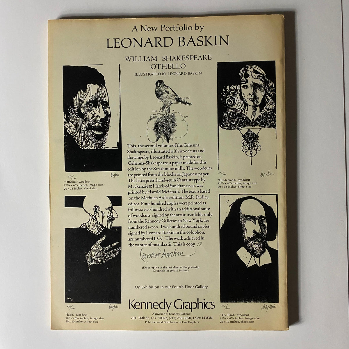 Cover page of a new portfolio by Leonard Baskin, showcasing woodcuts and illustrations for William Shakespeare's Othello, presented by Kennedy Graphics.