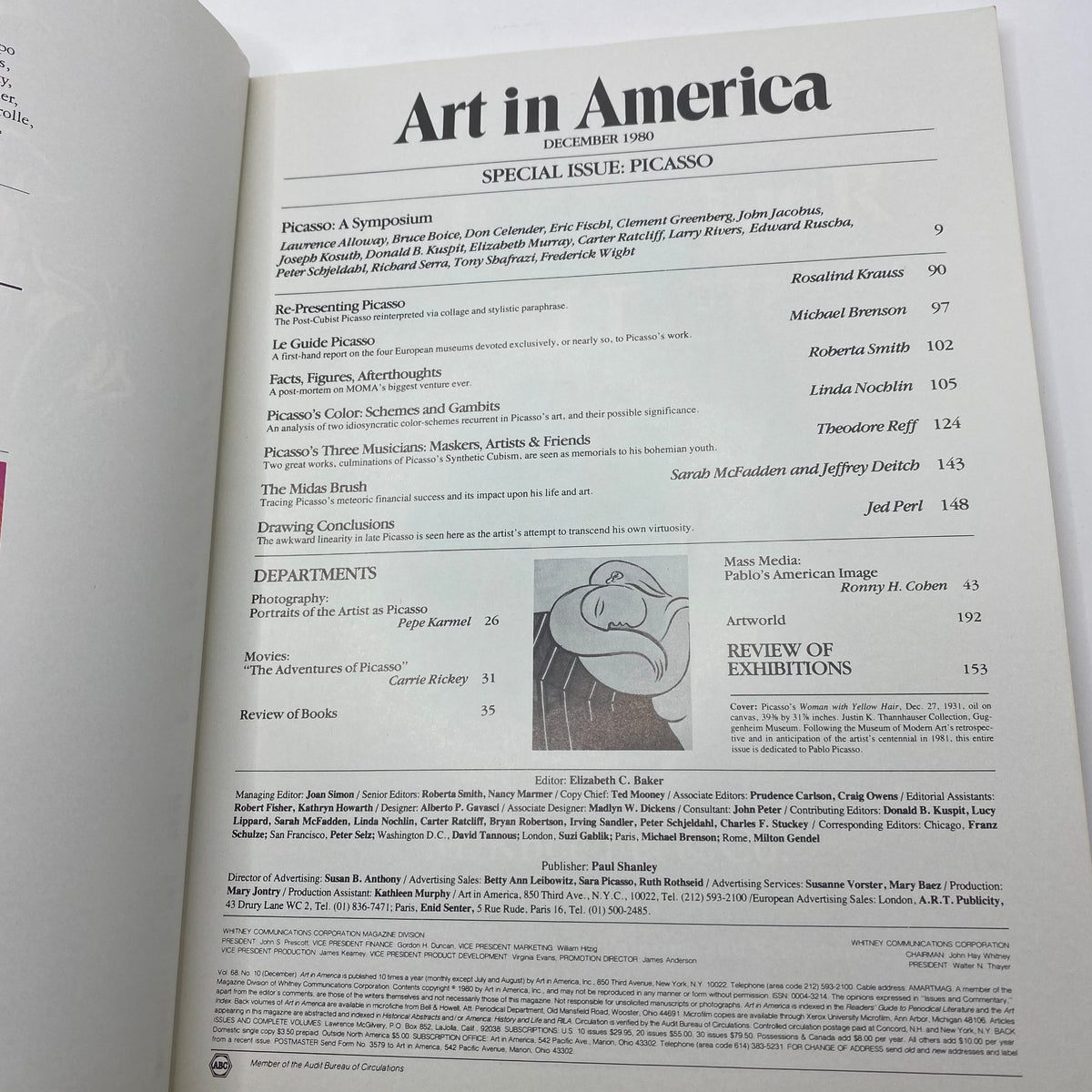Table of contents page from Art in America Magazine December 1980, Picasso Special Issue, detailing articles and features about Pablo Picasso.