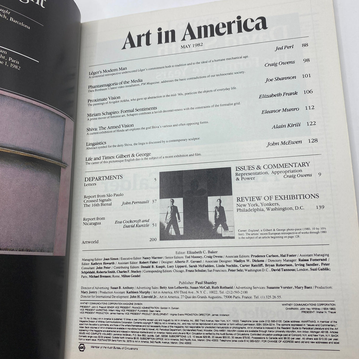 Table of contents for Art in America Magazine, May 1982, including articles on Gilbert & George, Léger, and art exhibitions, highlighting contemporary art commentary.