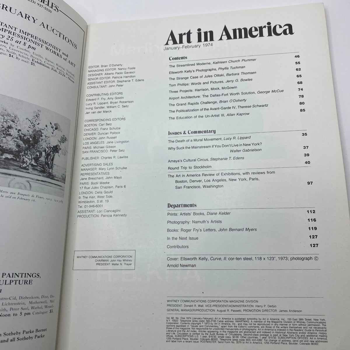 Inside page of VTG Art in America Magazine January 1974, showcasing the table of contents and articles relevant to contemporary art, including details on Ellsworth Kelly's work.