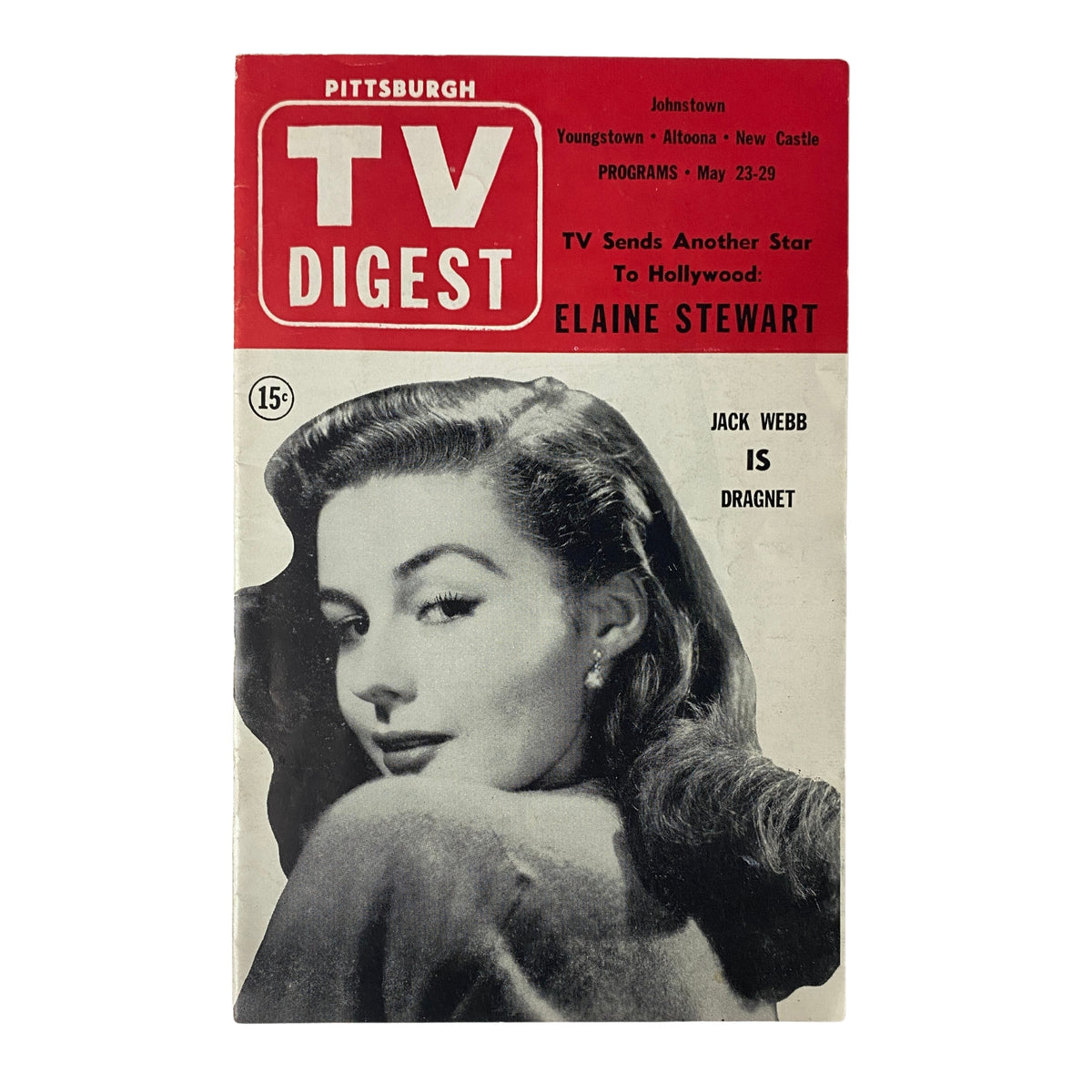 Cover of TV Digest Magazine, May 23, 1953 featuring Jack Webb and Elaine Stewart. The magazine highlights television programming with a red and white design, showcasing the title 'TV DIGEST' prominently.