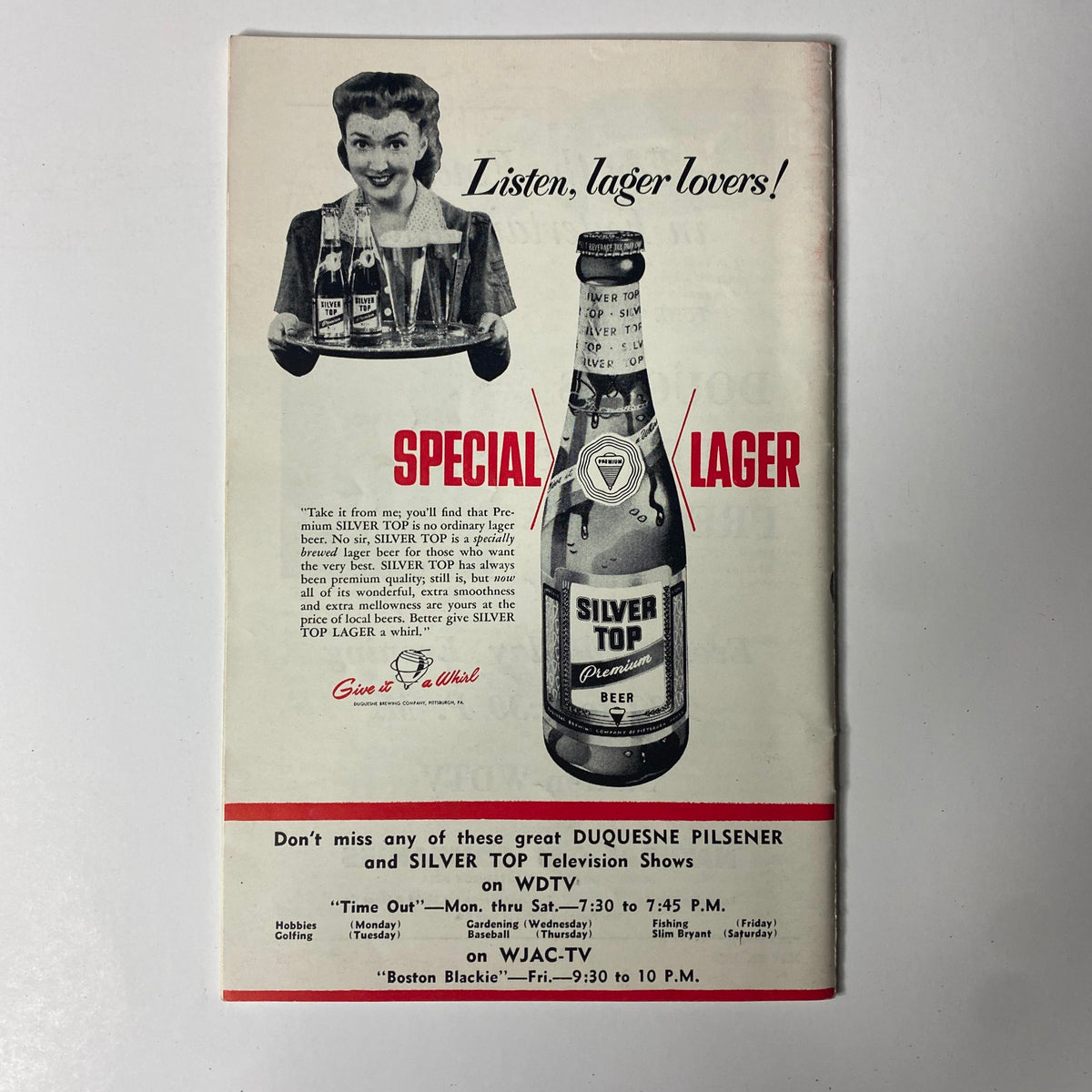 TV Digest Magazine May 23, 1953 advertisement for Silver Top Lager beer, highlighting the beverage and promoting local television shows, reflecting the advertising style of the 1950s.