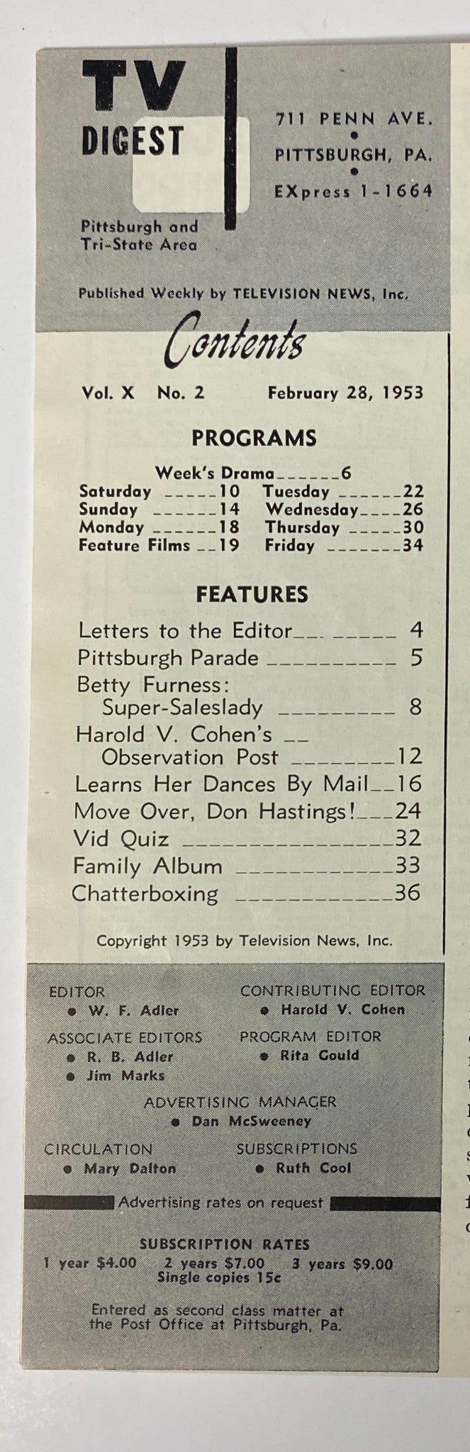 Contents page of TV Digest Magazine February 28, 1953 detailing the programs and features, including Betty Furness profile, showcasing the magazine's dedication to television in the Pittsburgh area.