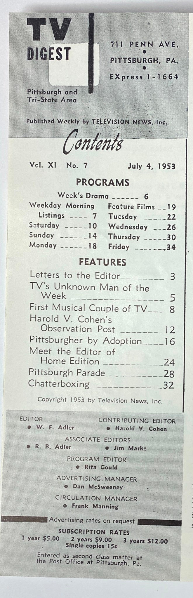 Contents page of TV Digest Magazine, July 4, 1953, detailing programming and features for the week.