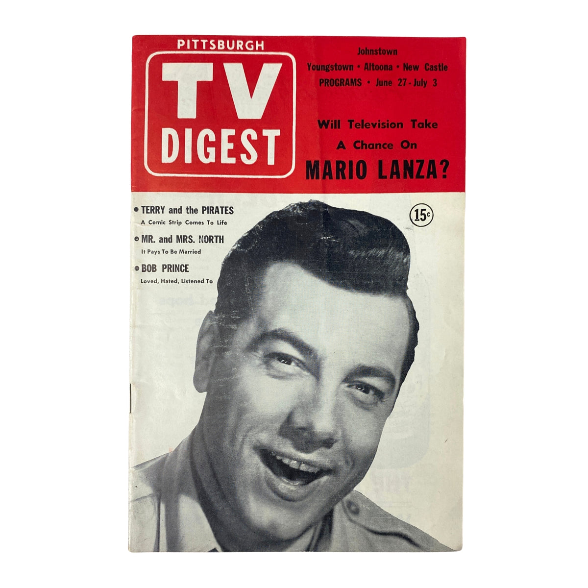 Cover image of TV Digest Magazine dated June 27, 1953, featuring Mario Lanza, a prominent tenor and film star, presenting the headline 'Will Television Take A Chance On Mario Lanza?'. The magazine includes program listings for the Pittsburgh area.
