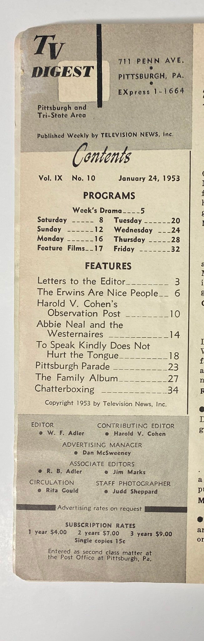 Contents page of TV Digest Magazine January 24, 1953, listing programs and features, including The Erwins and Abbie Neal.
