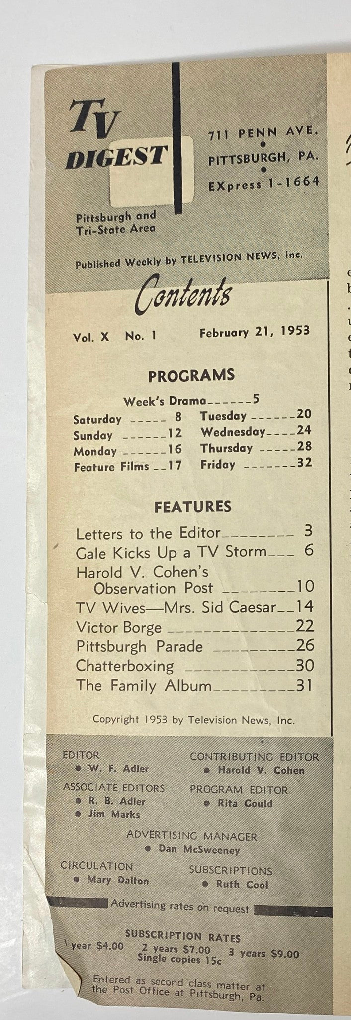 Table of contents page of TV Digest Magazine February 21, 1953, detailing program listings and featured articles including 'Gale Kicks Up A TV Storm'.