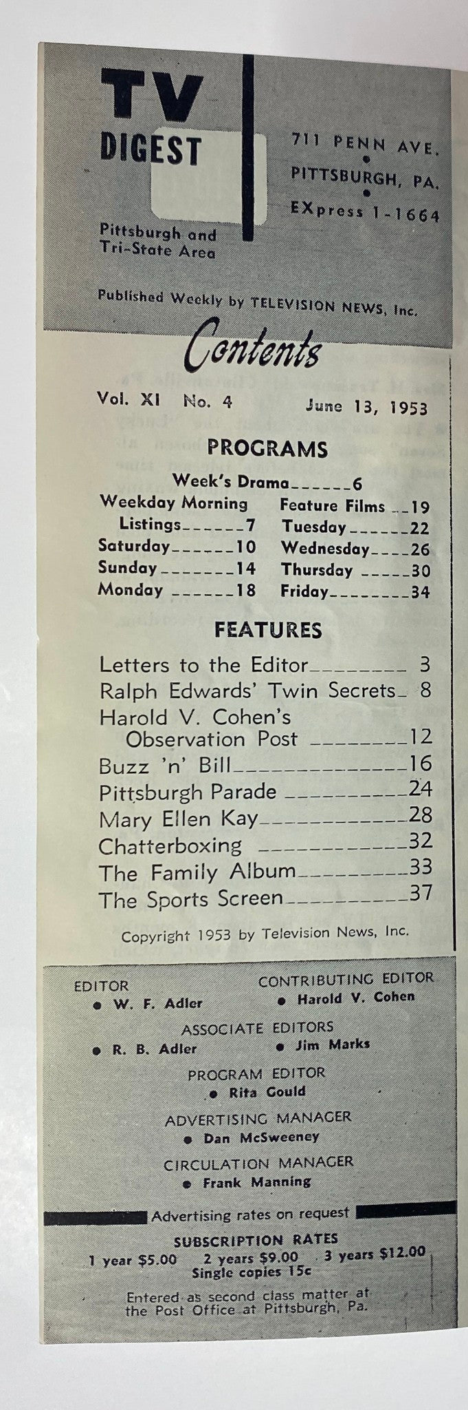 Contents page of TV Digest Magazine dated June 13, 1953 featuring Ralph Edwards on the cover, showcasing program listings and features including letters to the editor and various TV segments, part of the Pittsburgh Edition.