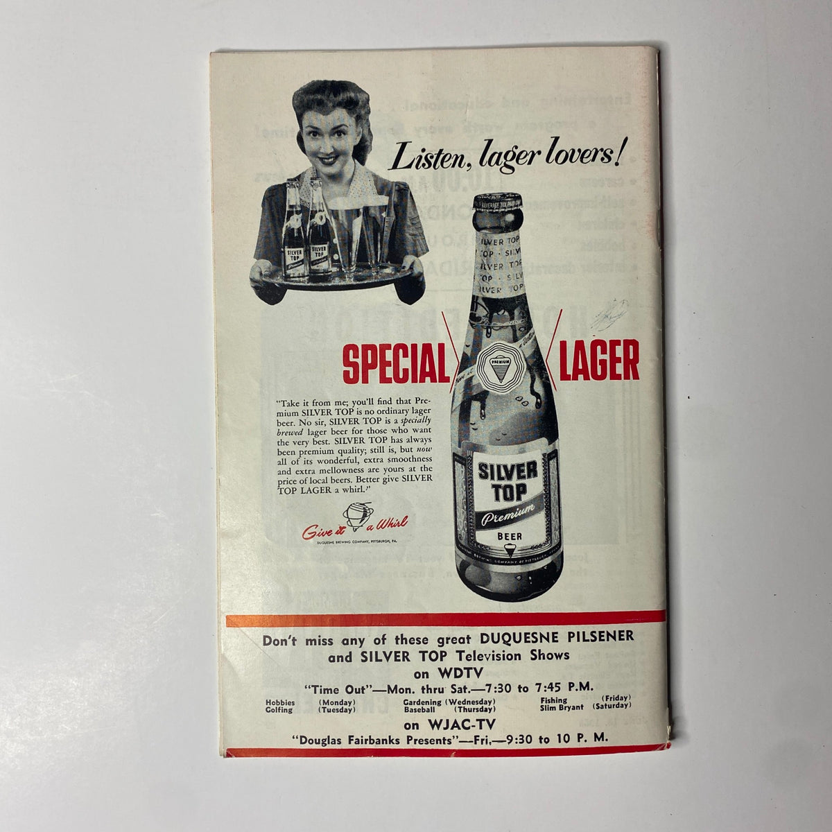 Back cover advertisement of TV Digest Magazine dated June 13, 1953 promoting Silver Top Lager, featuring a smiling woman holding beer, along with information on related TV shows.