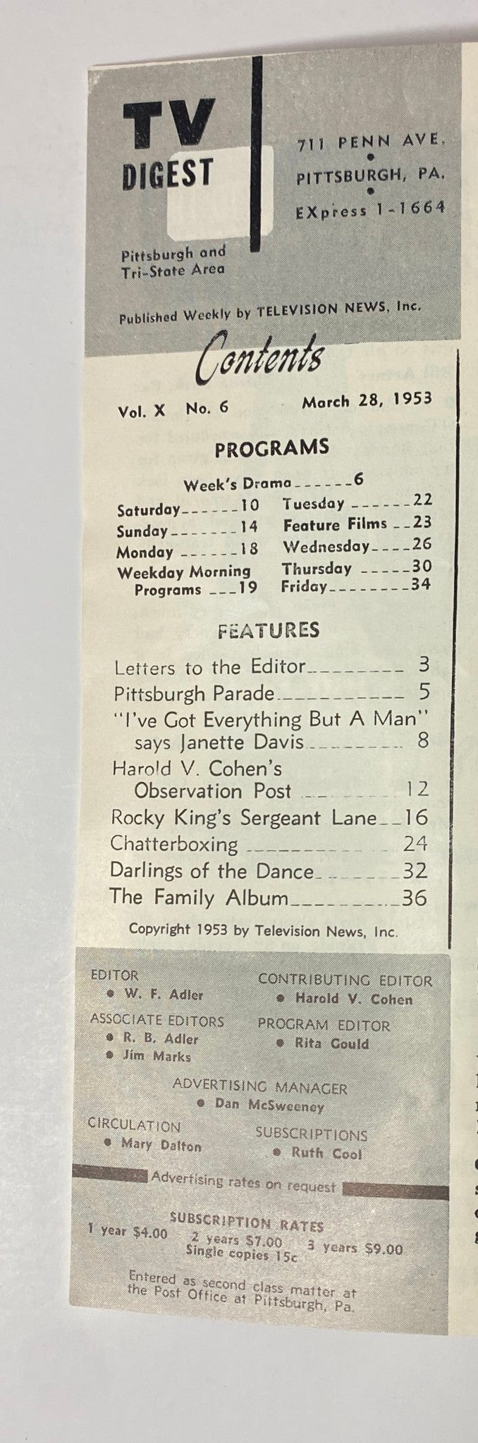 Contents page of TV Digest Magazine, March 28, 1953, showing detailed program listings and features including 'I've Got Everything But A Man' by Janette Davis, along with other notable items from the Pittsburgh edition.