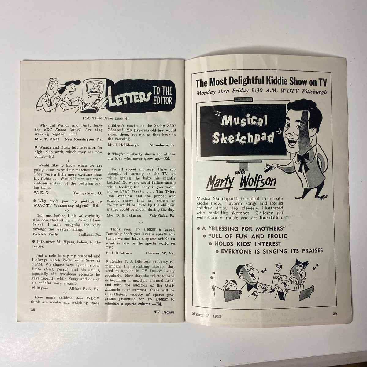 Inside page of TV Digest Magazine March 28, 1953 featuring 'Letters to the Editor' and an advertisement for 'Musical Sketchpad' on WDTV Pittsburgh. Good condition with no mailing label.
