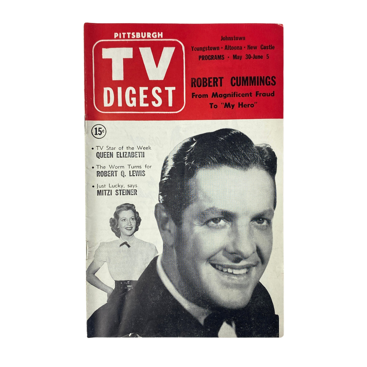 Cover of TV Digest Magazine dated May 30, 1953 featuring Robert Cummings, with highlights on Queen Elizabeth and other television programs.