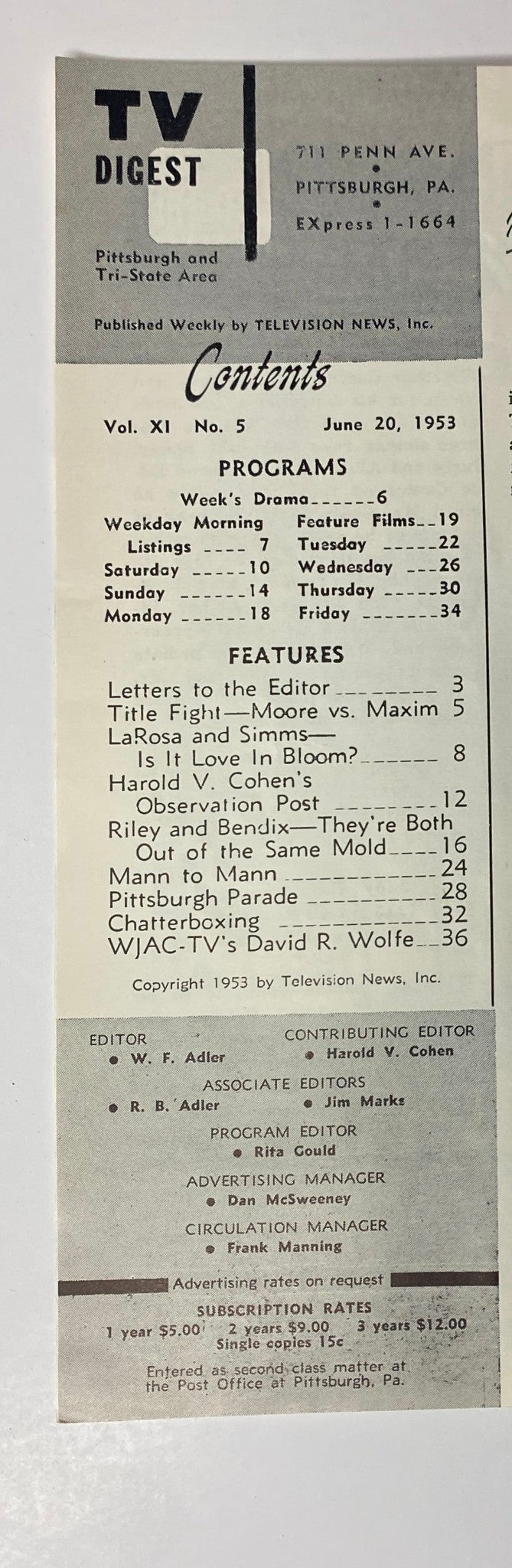 Contents page of TV Digest Magazine, June 20, 1953, detailing TV program listings and featured articles; includes editor details.