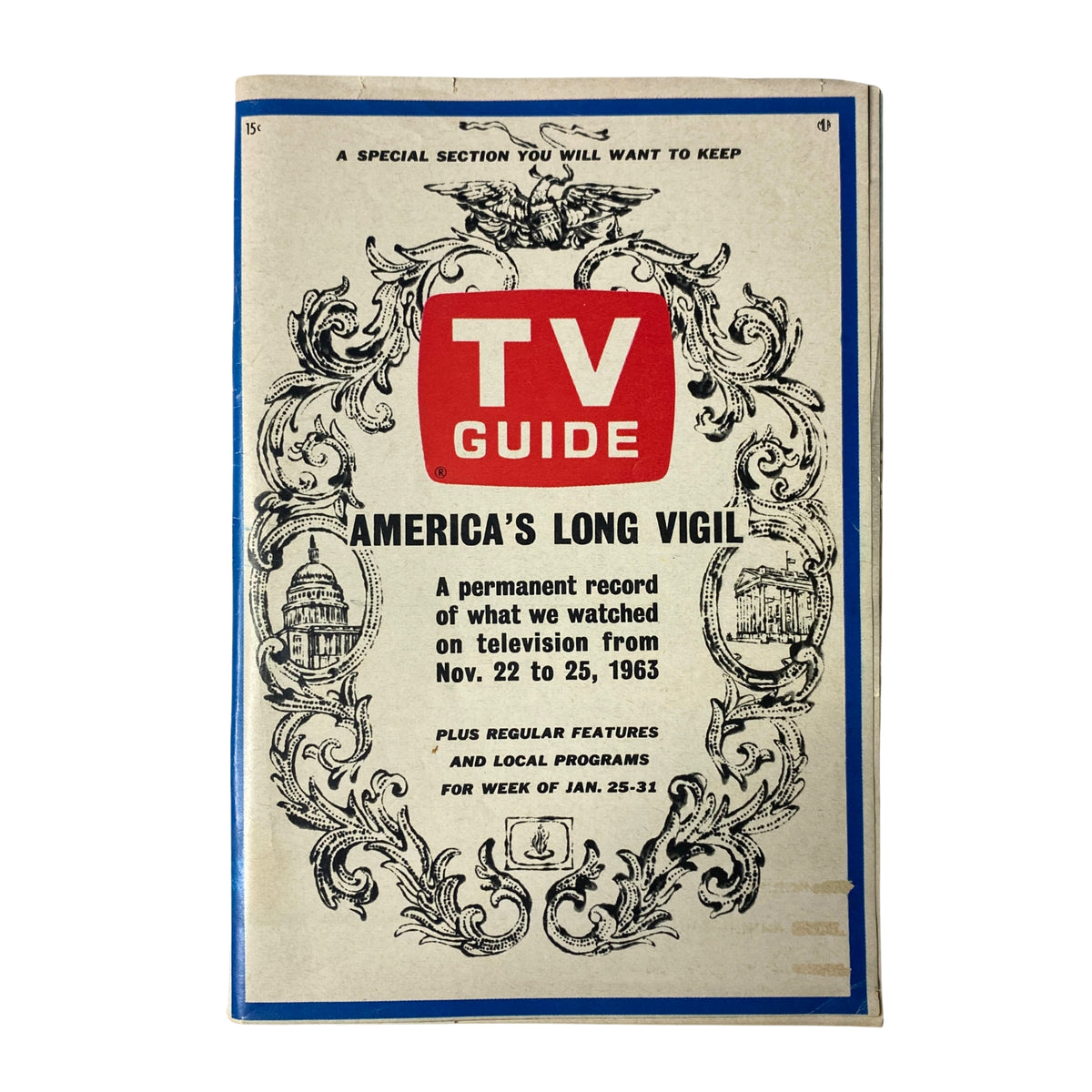 Cover of TV Guide Magazine January 25, 1964 featuring America's Long Vigil, showcasing a decorative design and the iconic TV Guide logo.