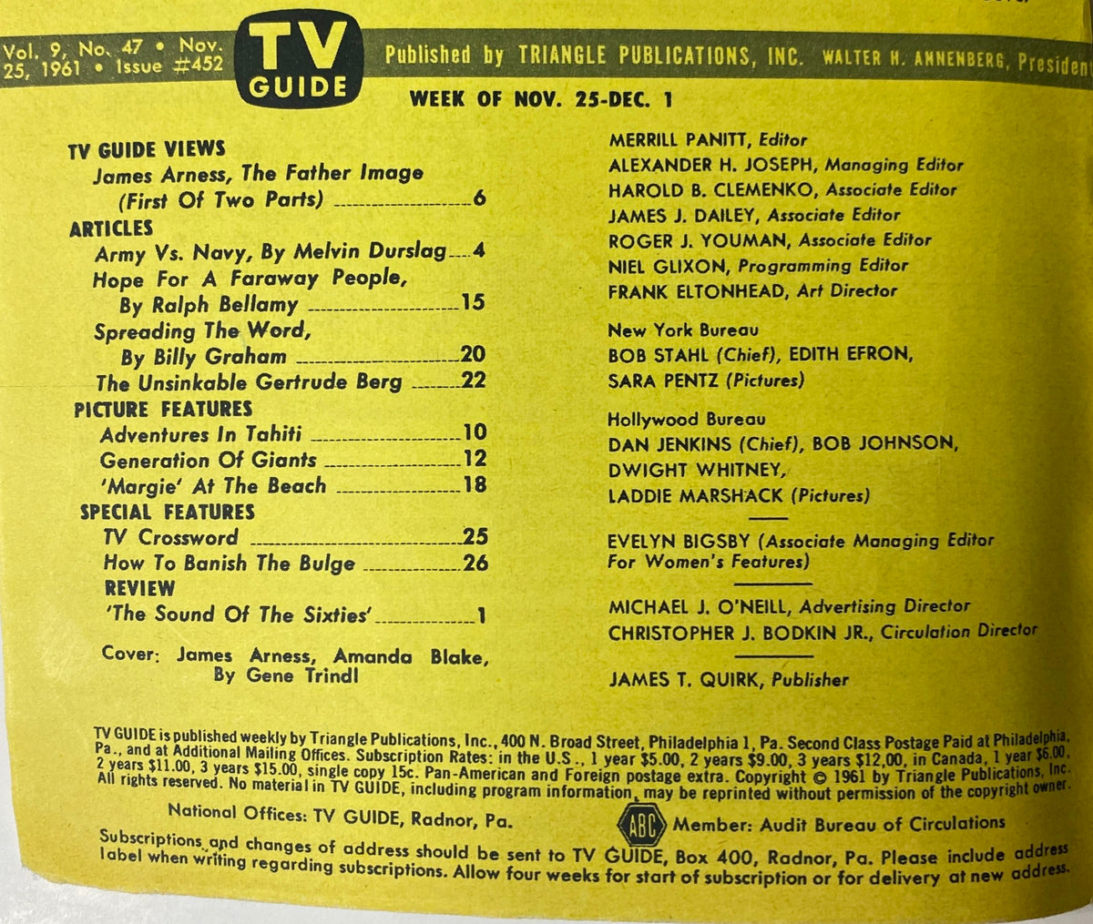 Inside page of TV Guide Magazine, November 25, 1961, detailing articles such as 'James Arness, The Father Image' and other features for the week.