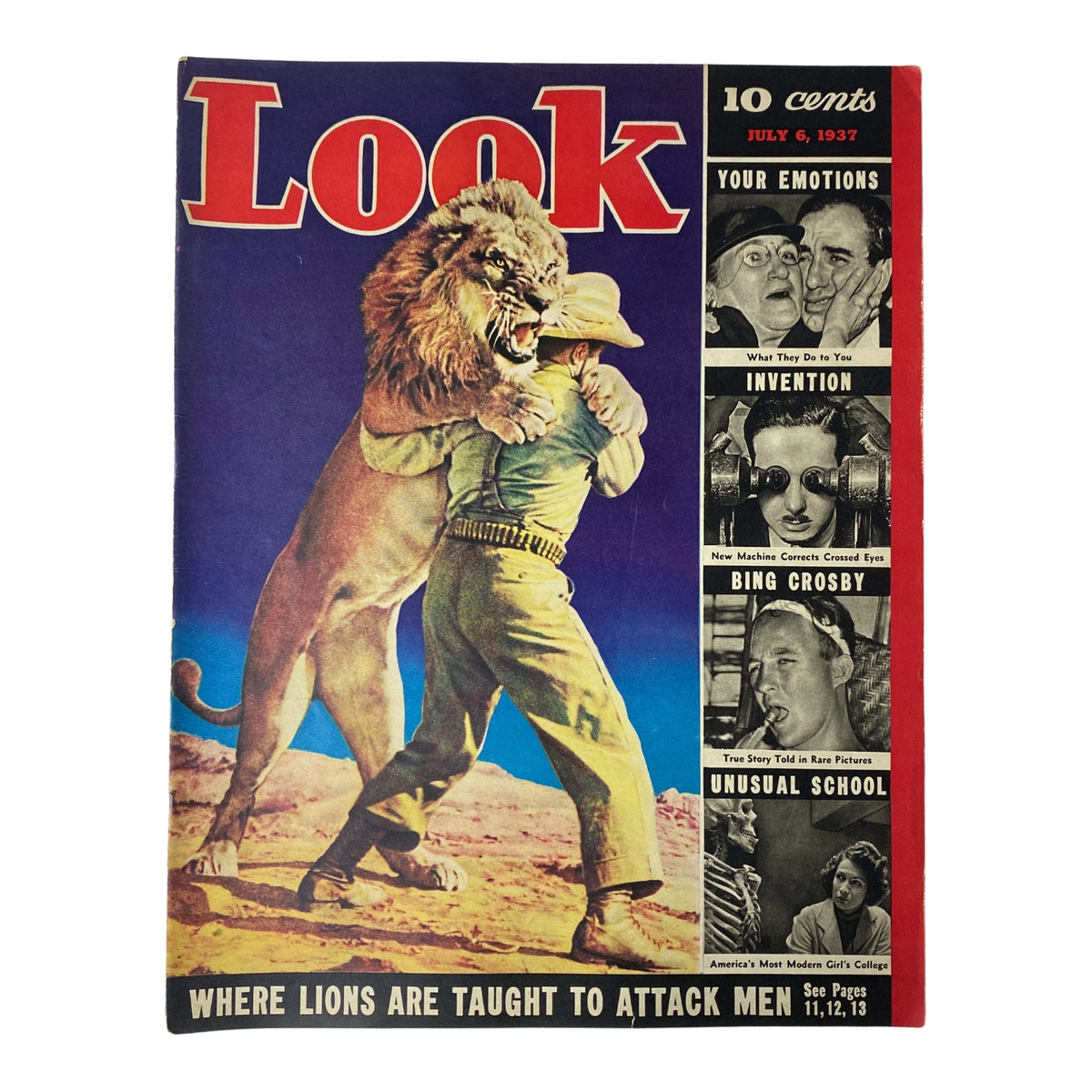 Look Magazine July 6, 1937 cover featuring the headline 'Where Lions Are Taught To Attack Men', showcasing a dramatic illustration of a lion and a trainer, representing intriguing animal training practices of the 1930s.