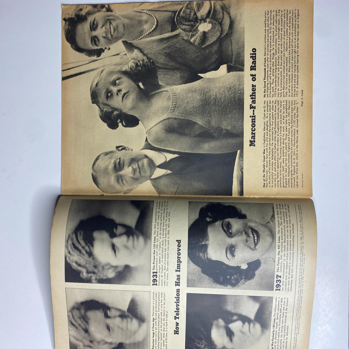 A double page spread from Look Magazine dated July 6, 1937, highlighting Marconi, the 'Father of Radio', with historical context about television improvements during that era.