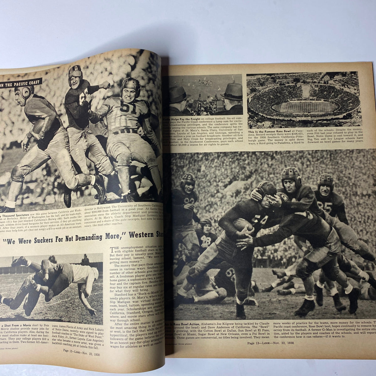 Black and white images showcasing college football action from Look Magazine dated November 22, 1938.