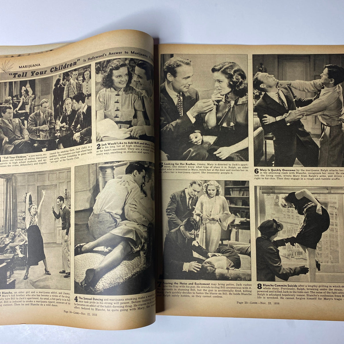 Images illustrating a marijuana-themed article titled 'Tell Your Children' from Look Magazine dated November 22, 1938.