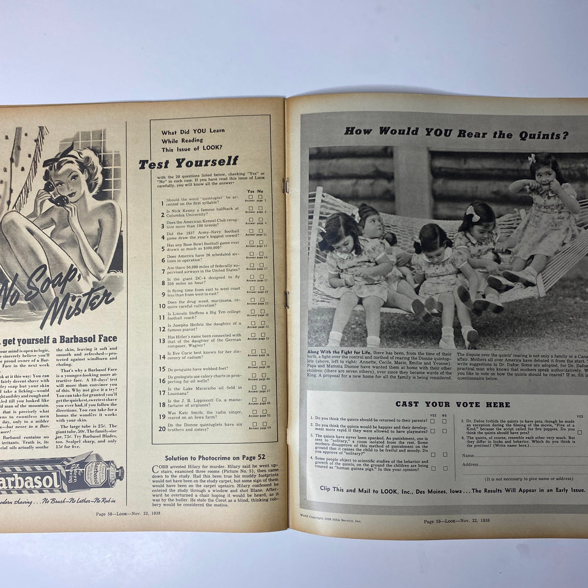 A quiz page featuring questions related to the contents of Look Magazine dated November 22, 1938, along with a photo of quintuplets.