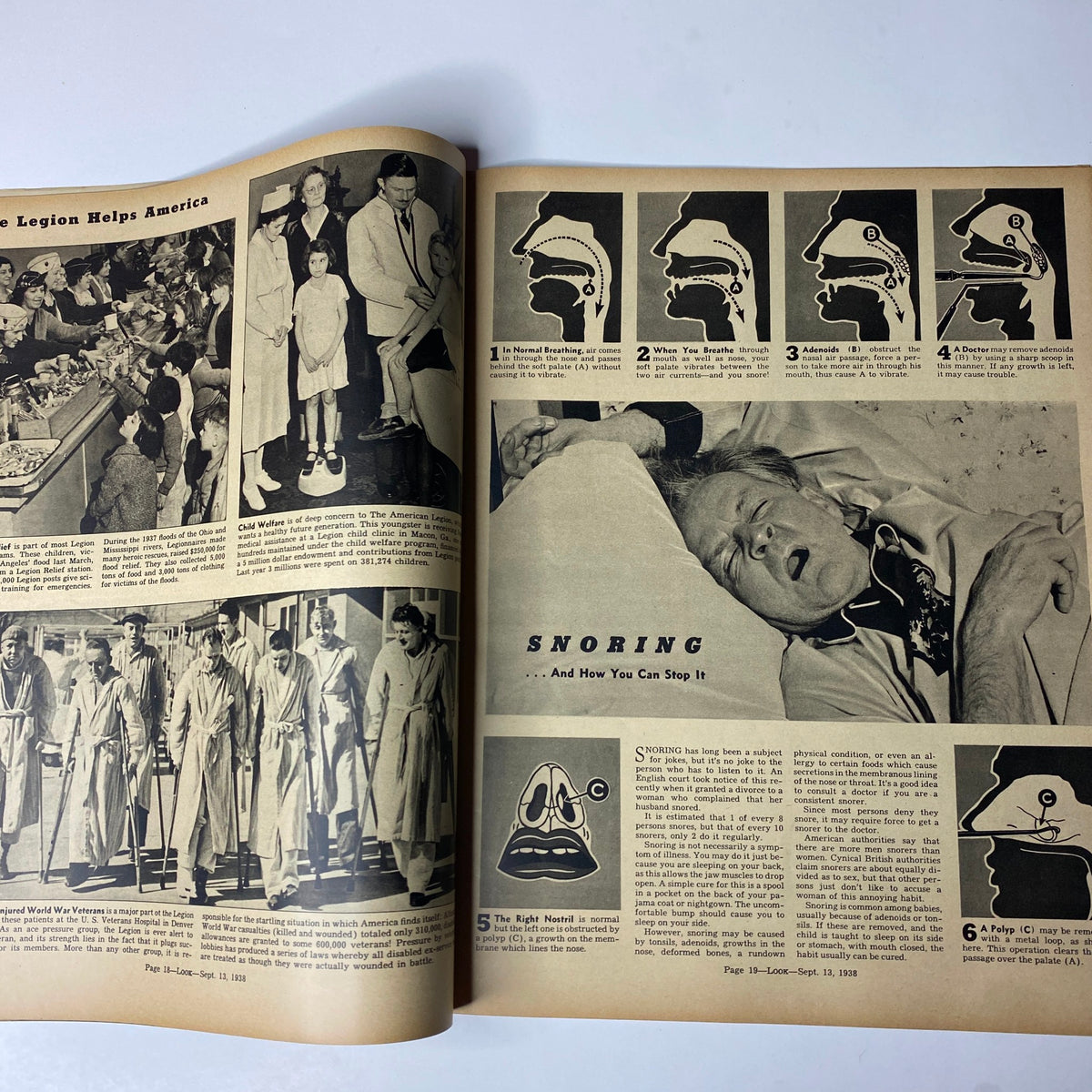 An interior spread from Look Magazine, September 13, 1938 discussing snoring with diagrams and images related to the topic.