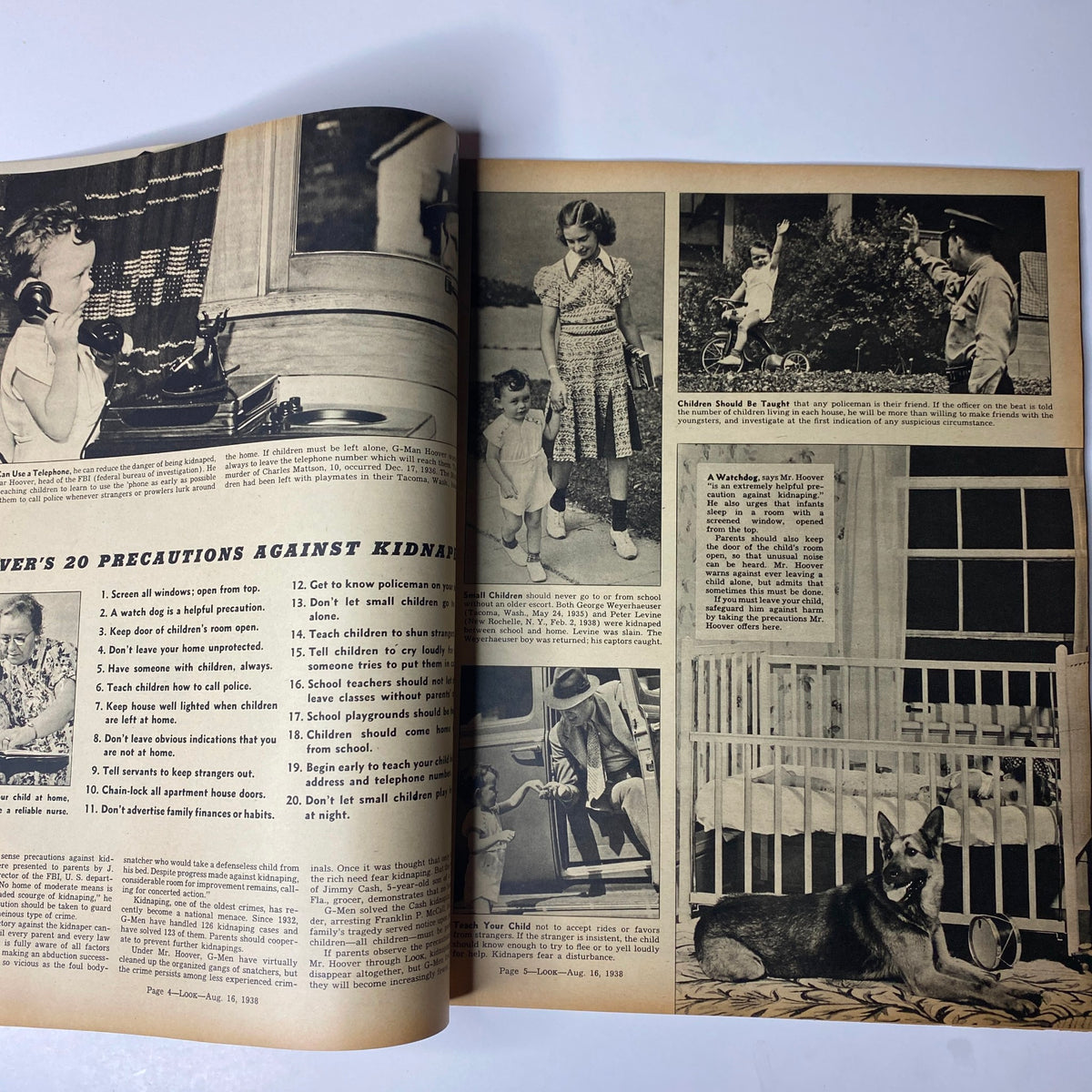 Inside page of Look Magazine August 16, 1938 displaying G-Man Hoover's tips on child safety, showing black-and-white photos of children playing and various safety measures, highlighting the era's focus on protecting children.